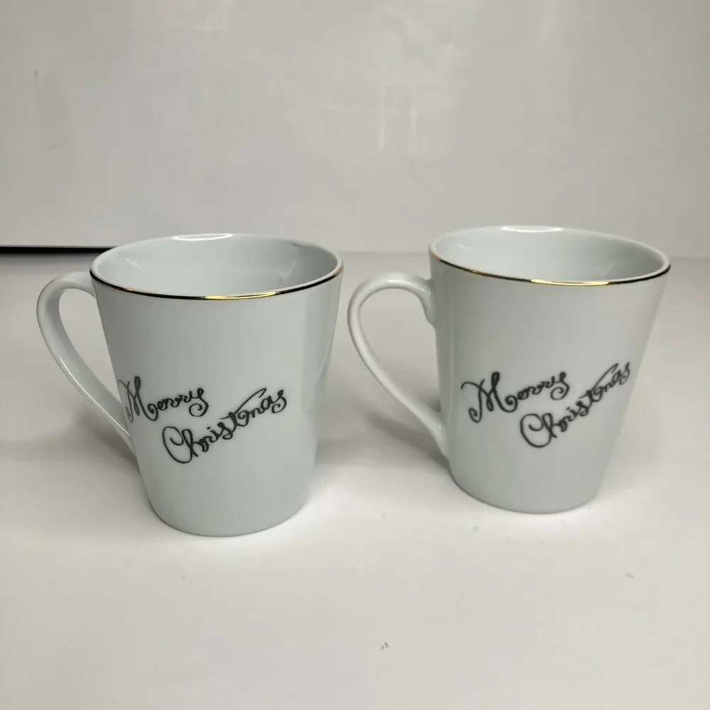 Merry Brite Merry Christmas Coffee Mugs Cups Set Of 2 Gold Rim Holiday Santa 8oz